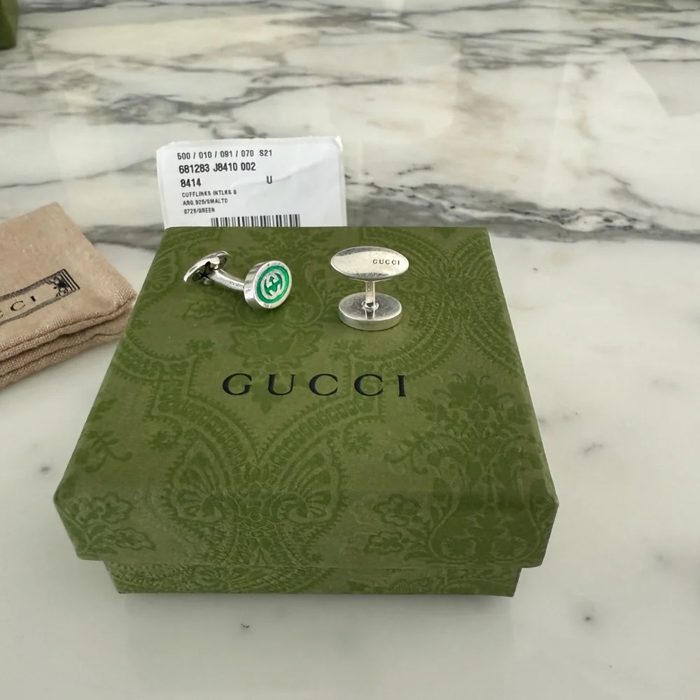 Gucci 681283 Silver Cufflinks with Green GG inlay, with box